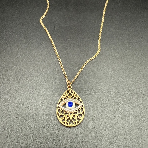 Evil Eye Two-Tone Gold and Silver Filigree Pendant Necklace - Picture 4 of 10
